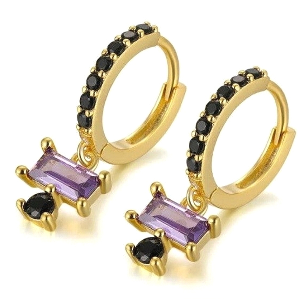 18kt Gold/925 Sterling Silver Black Crystal Cz Amethyst Dangle Huggie Hoopsnew